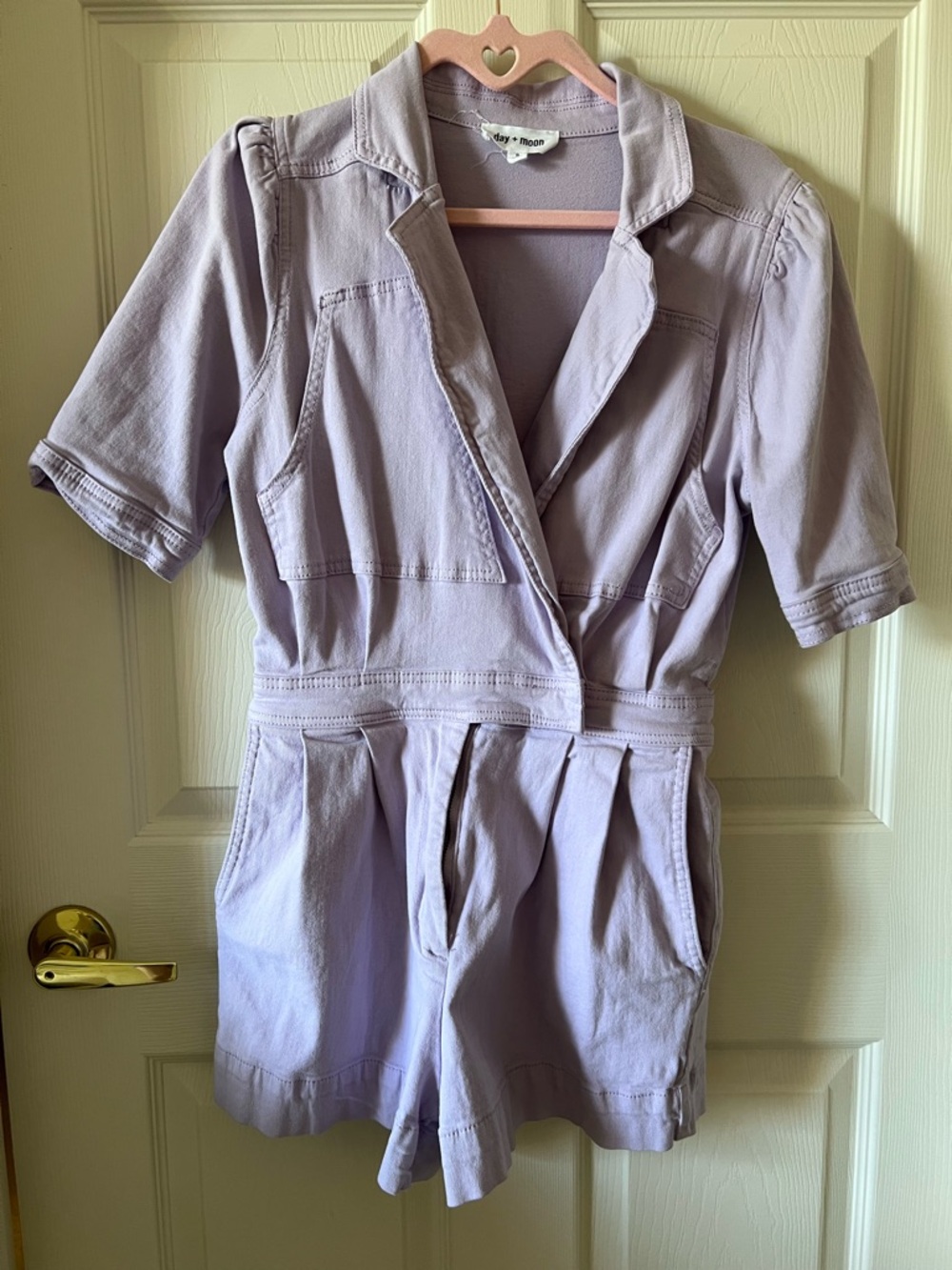 Day + Moon Lavender Stretch Utility Denim Romper Small